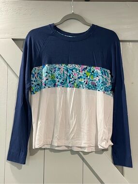 Lilly Pulitzer Navy Top with Aqua and Teal Floral Trim